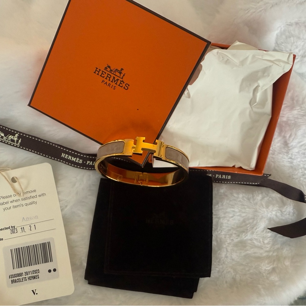 Hermes Gold and Gray (Marron Glace) Clic H Bracelet w/box